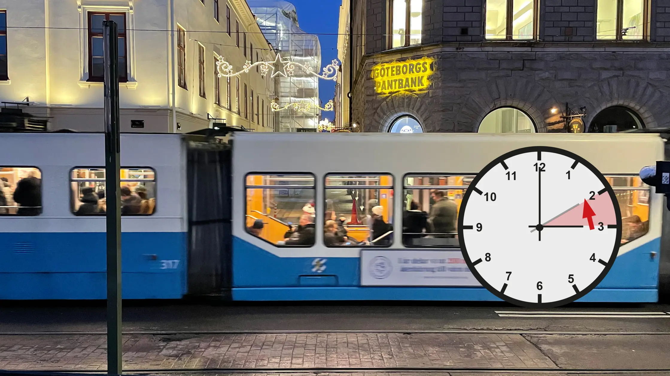 Spårvagn syns i rörelse från sidan i mörker men med stadsbelysning. En klocka som visar att klockan ska dras tillbaka en timme syns till höger i bild.