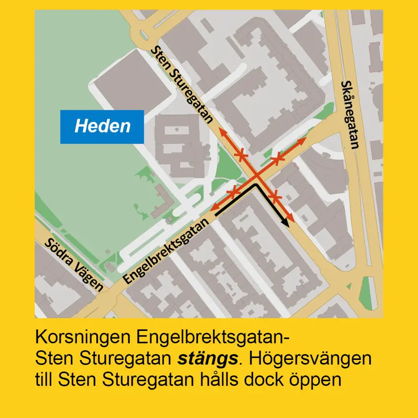 Karta som visar att korsningen Engelbrektsgatan-Sten Sturegatan stängs för bil- och busstrafik. Undantaget gäller högersvängen till Sten Sturegatan som hålls öppen.